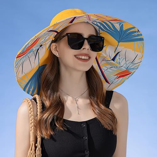 Vista 3 de HUAMULAN Sombrero de sol de verano para mujer, ala ancha, borde con alambre, floral, playa, cubo, sombreros reversibles, plegables, protección UV