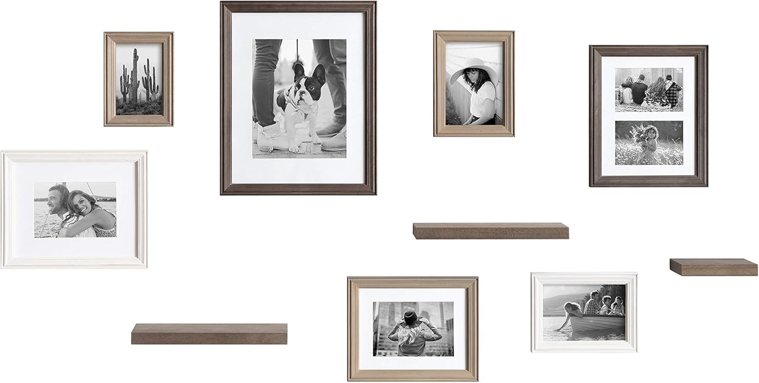 Kate and Laurel Bordeaux Gallery Wall Frame and Shelf Kit, Set of 10, Multicolored with Whitewash, Charcoal Gray, and Farmhouse Gray, Assorted Size Frames and Three Display Shelves