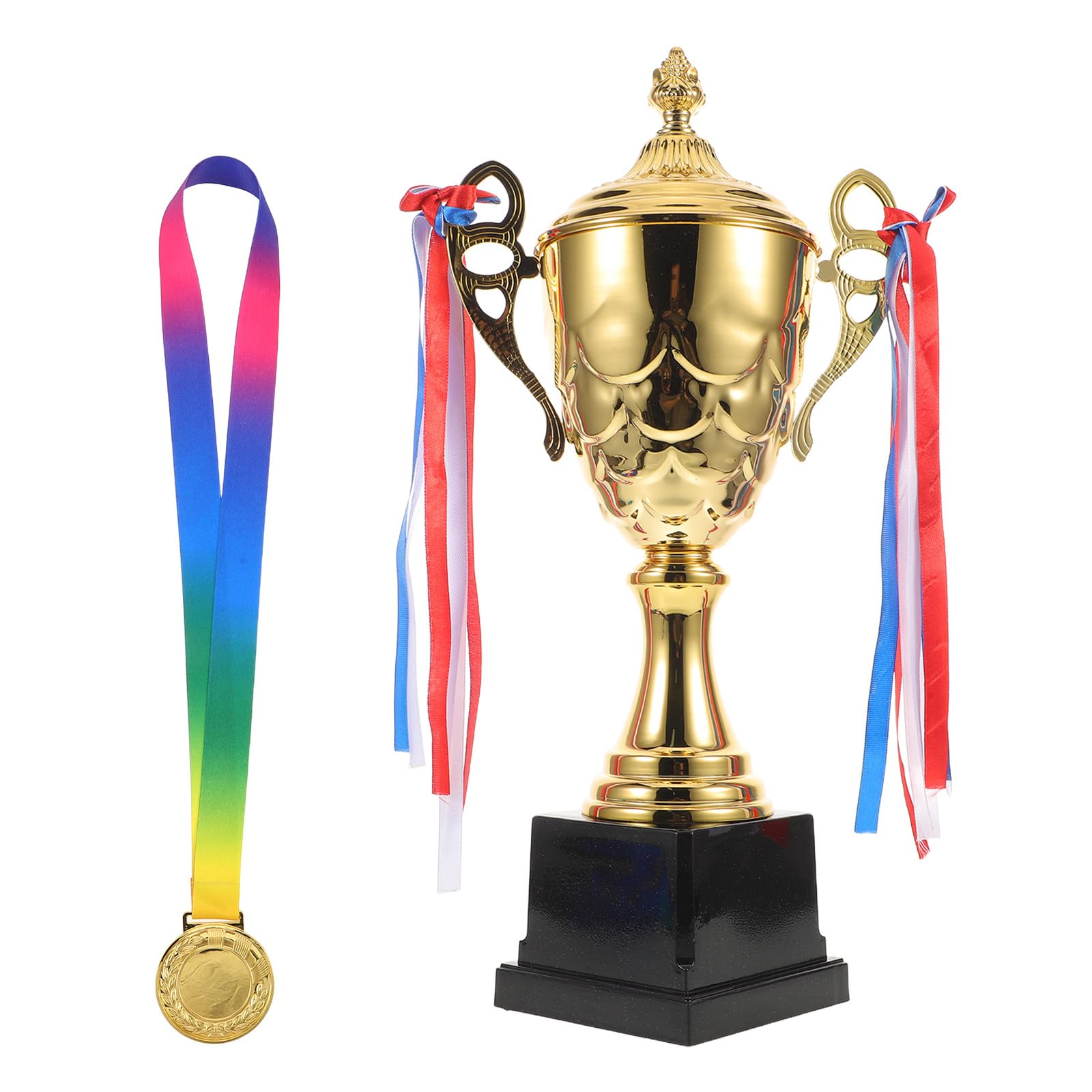 Healvian Juego de Trofeos Deportivos Dorados de 16, 5 Pulgadas con Medalla | Metal, Cinta Incluida, Ceremonia de Premiación, Torneos Corporativos, Diseño Elegante