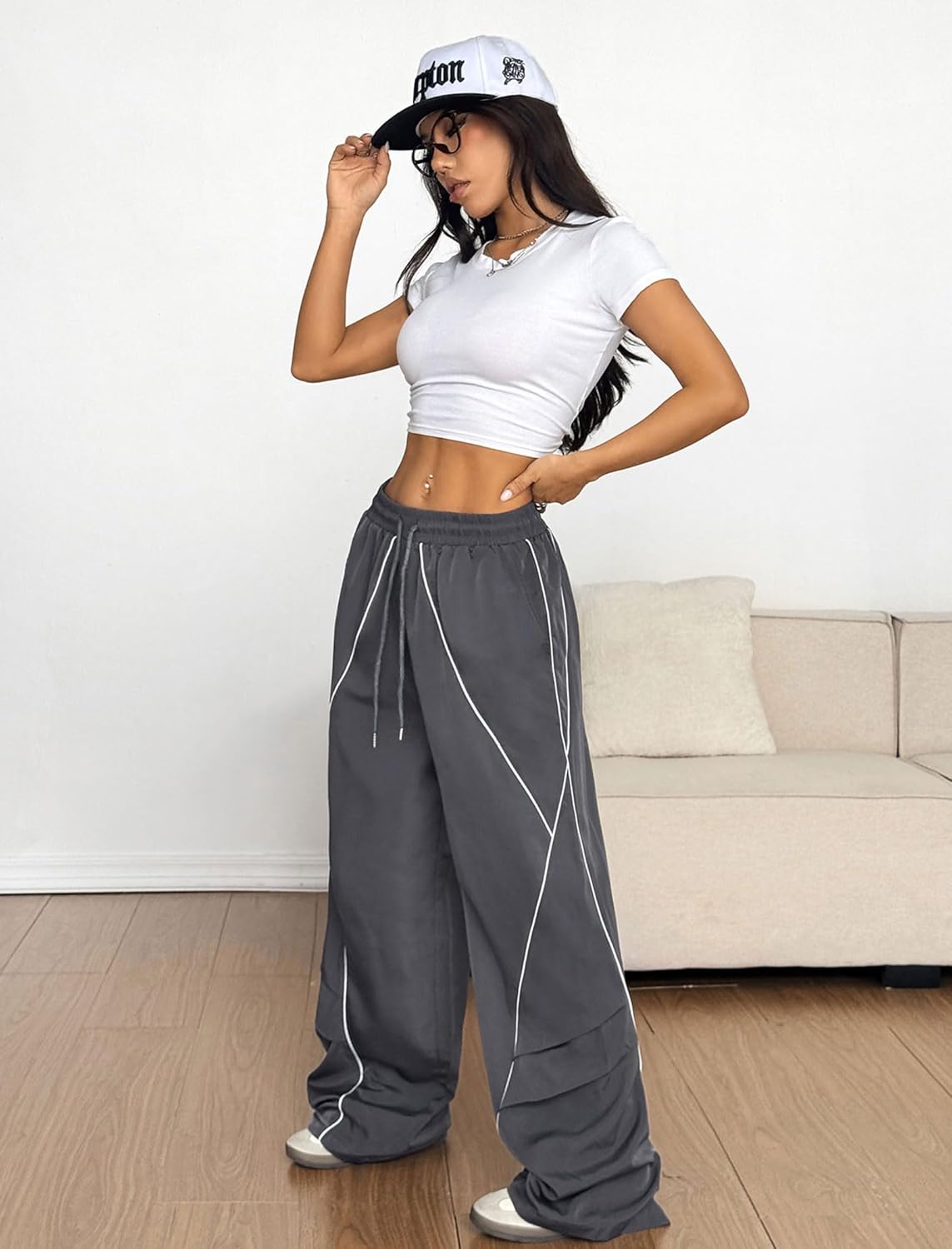 ZAFUL Womens Wide Leg Sweatpants Parachute Pants Baggy Y2K Elastic Waist Jogger Track Pants Streetwear - Image 6