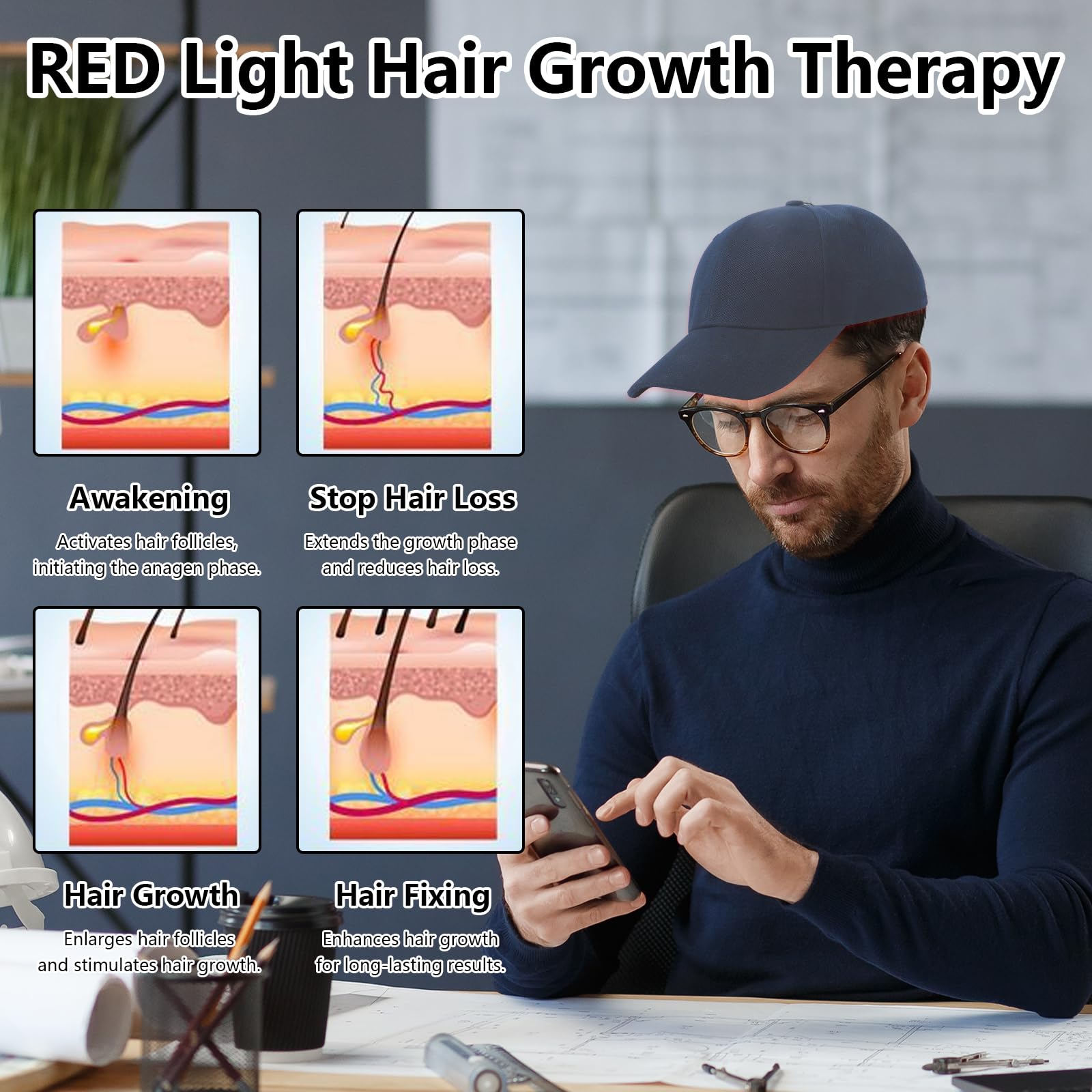 Haarwachstum Cap mit rotem und blauem Licht, 4 Modi Bestrahlung, Leichtes Design, bequem & wiederaufladbar, für tägliche Anwendung zur Haarpflege und Anti-Haarausfall