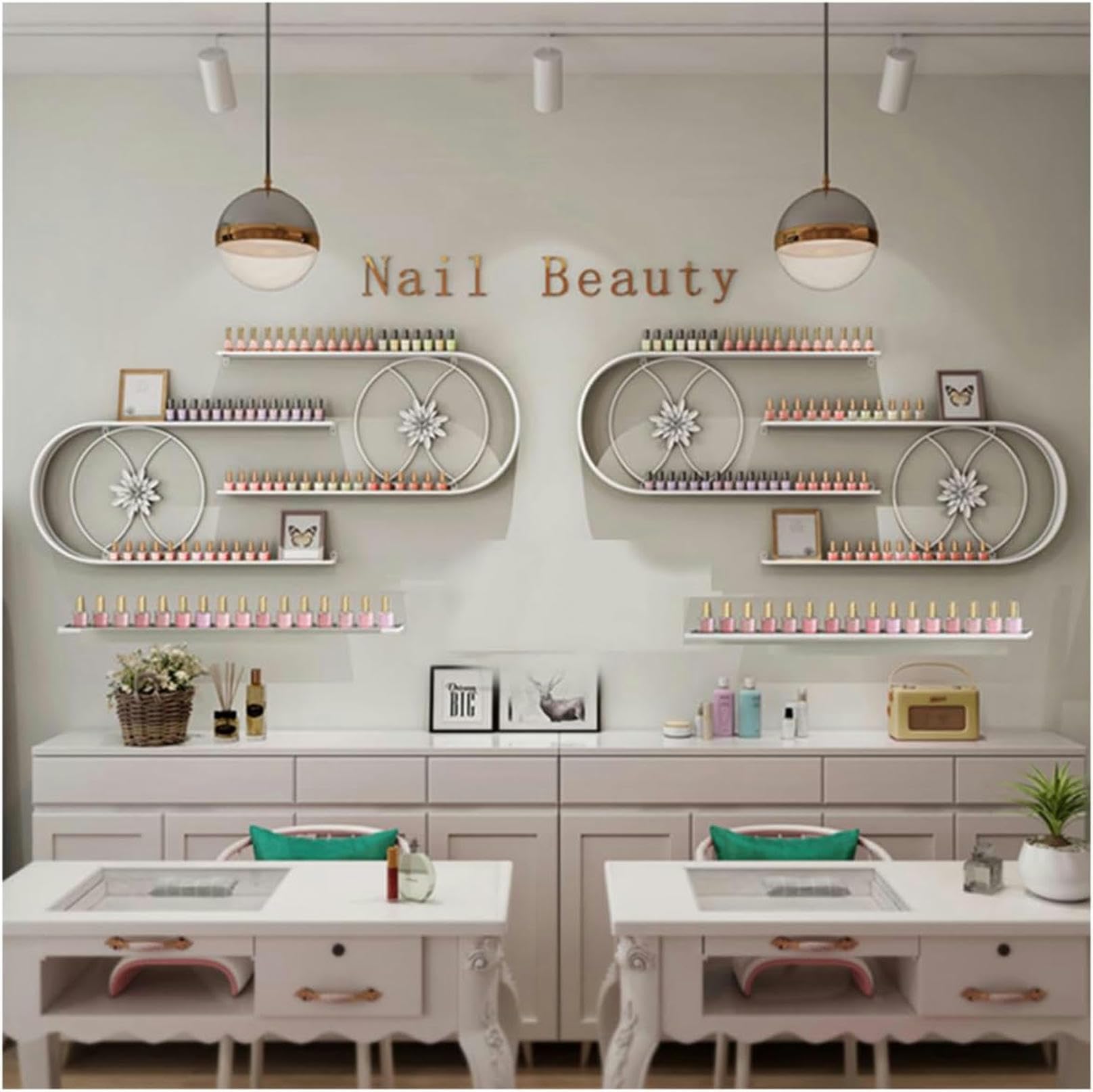 Porta smalti da Parete in Metallo, Elegante espositore per Cosmetici a Forma di U, Organizer per flaconi di Oli Essenziali da Salone (Bianco)