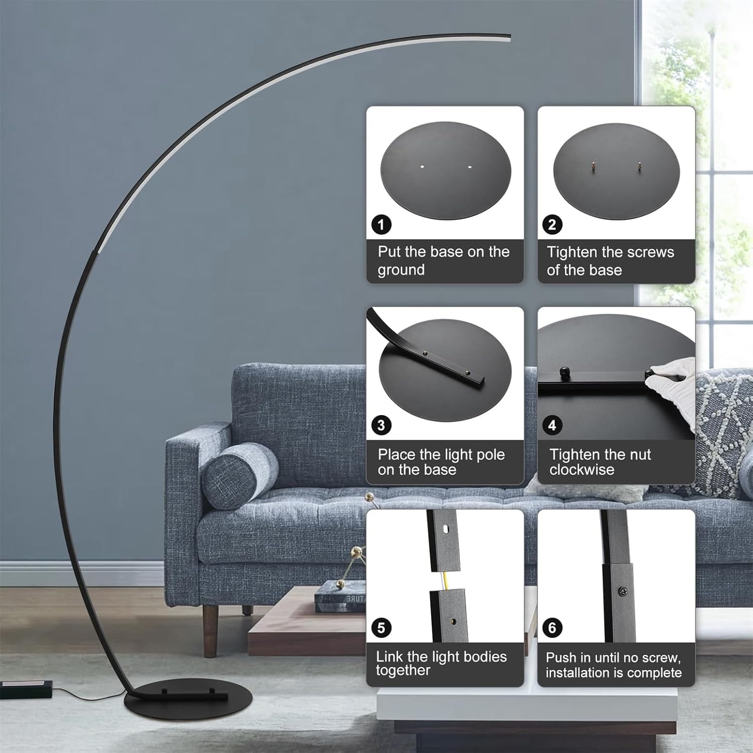 Lampada da Terra Ad Arco Moderna, Alta 170 Cm, con Telecomando, 3 Temperature di Colore E Lampada da Lettura Ad Arco Dimmerabile A 3 Livelli, Lampade Ad Arco A LED per Soggiorno, Camera, Black