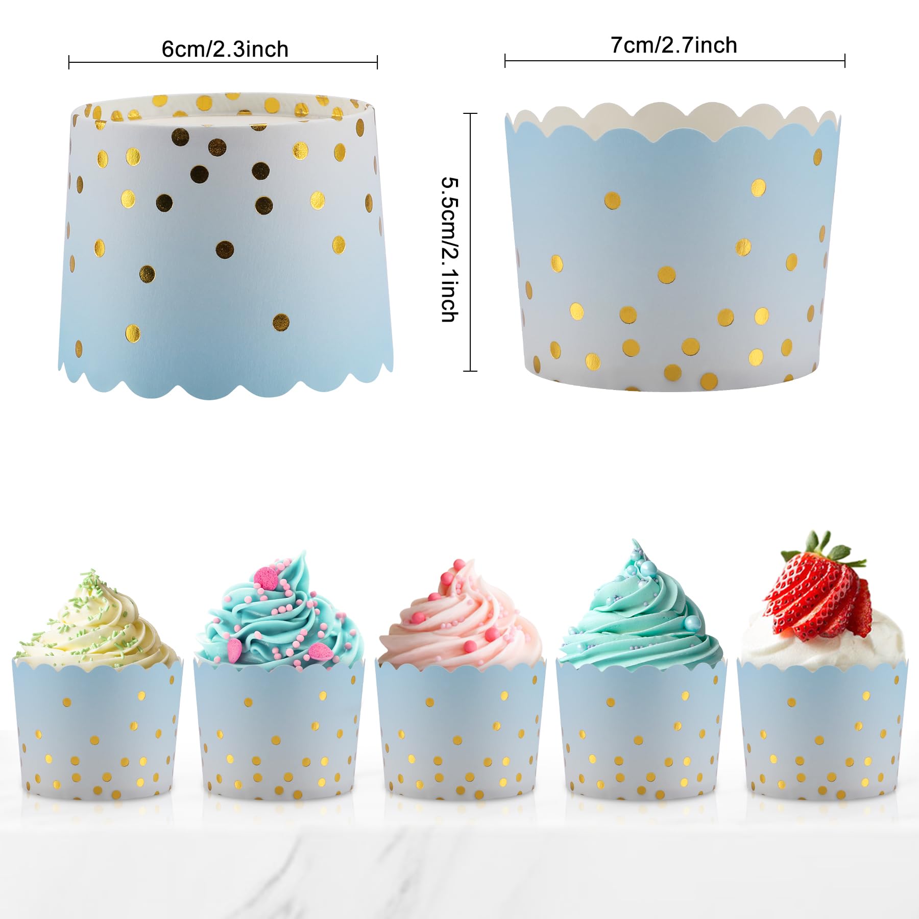 TRUSBER Cupcake Liners for Baking, Standard Size Blue Muffin Paper Liners with Gold Polka Dots, 50Pack Baking Cups for Baby Shower, Birthday Party