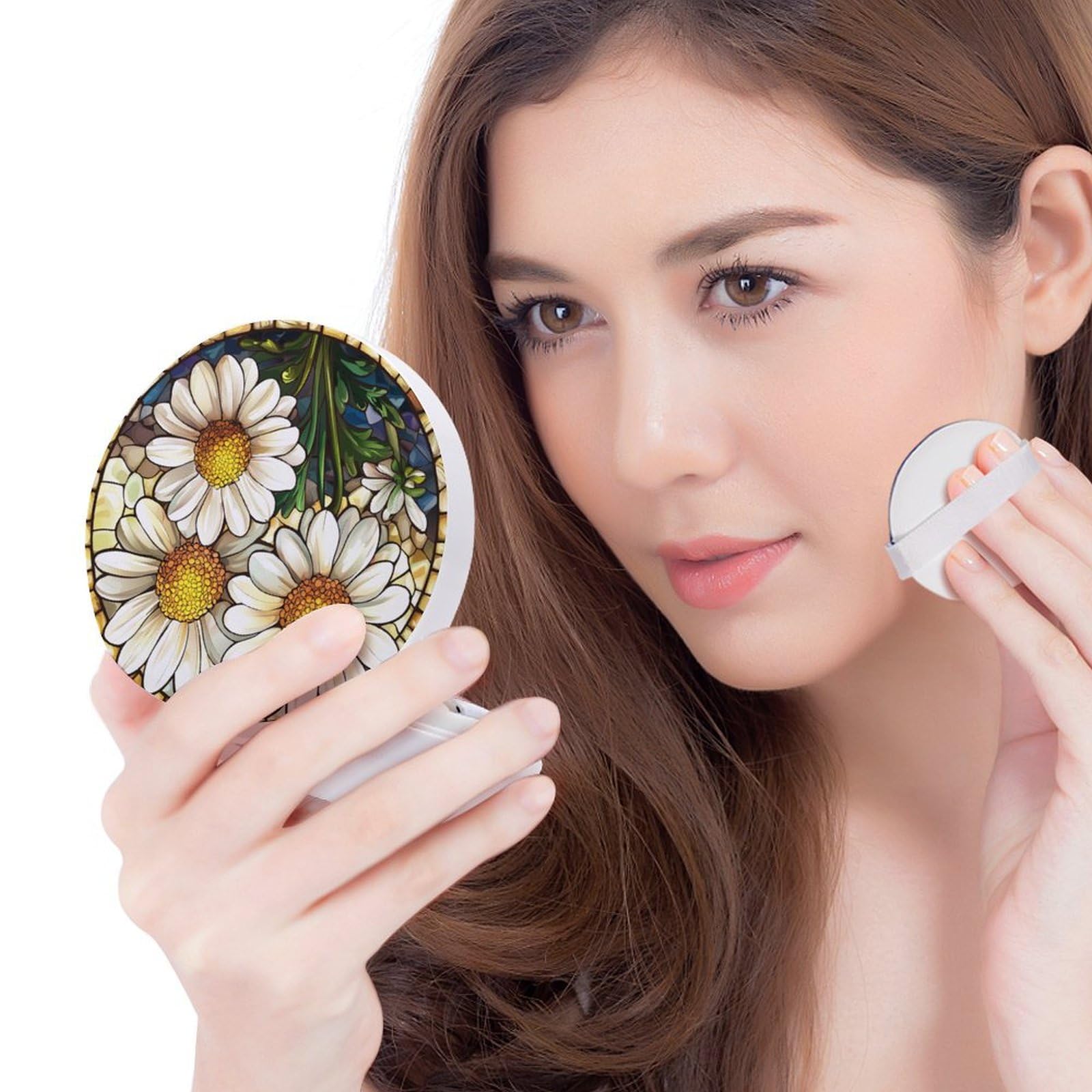 Hayyett Three Daisys Flower Stained Glass Air Cushion Puff Box Portable Cosmetic Makeup Case Container,Loose Powder Foundation Container