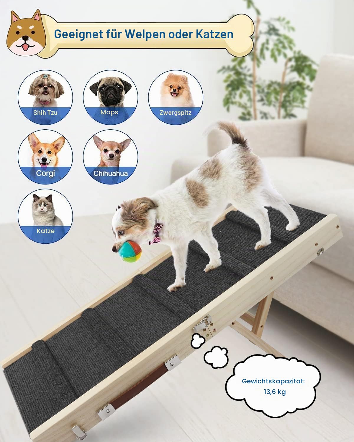 Hunderampe,Hundetreppe aus Holz,Tragbare Katzen Rampe für Bett Sofa, 4 Höhenverstellbare von 25CM bis 48CM mit Rutschfester Trittmatte, Hölzerne Haustierrampe Klappbar für Bett Oder Sofa