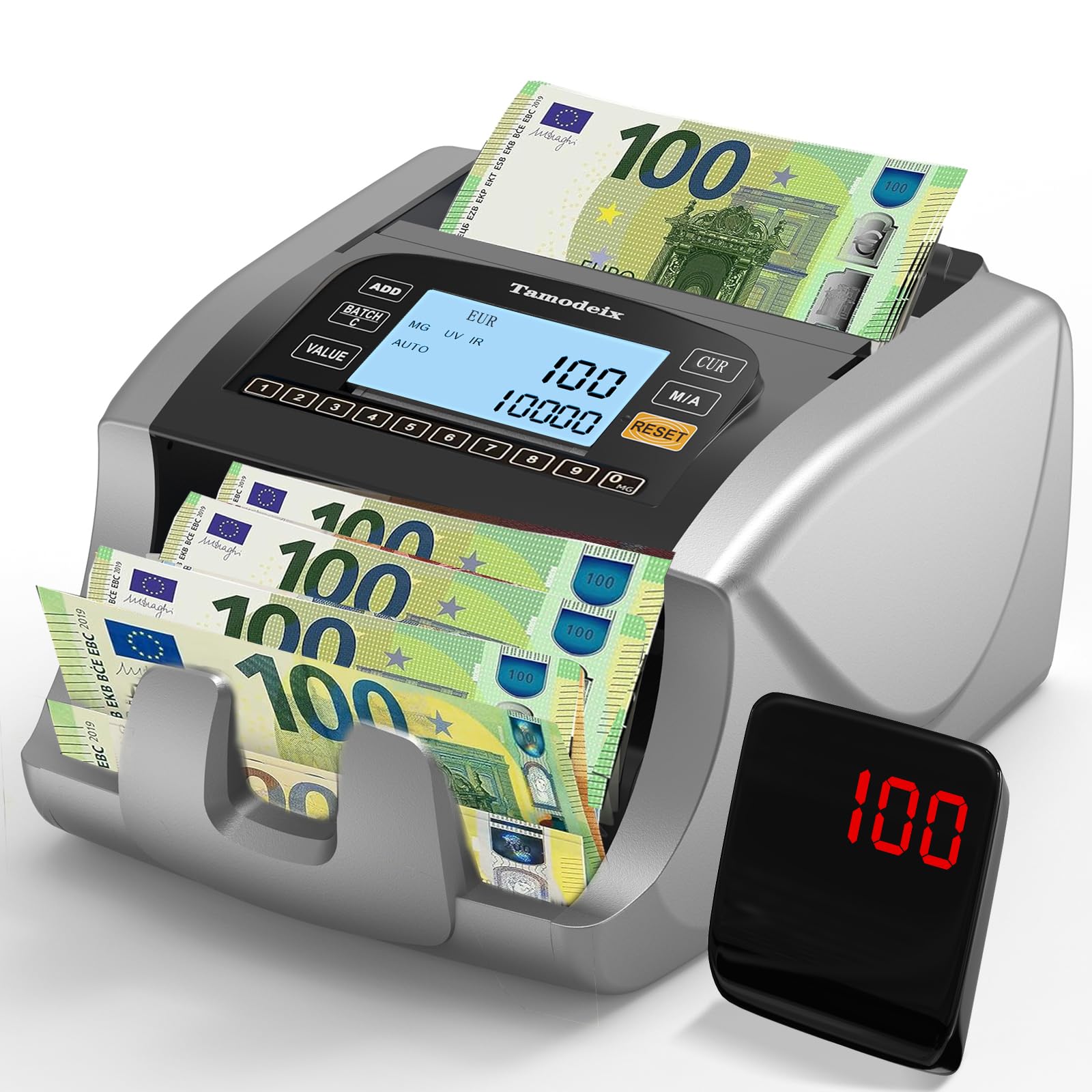 NX270 Contador de Billetes Máquina Contadora de Efectivo en Euro y USD y GBP con LCD Grande y Pantalla Externa para Pequeñas Empresas, No cuenta montos mixtos