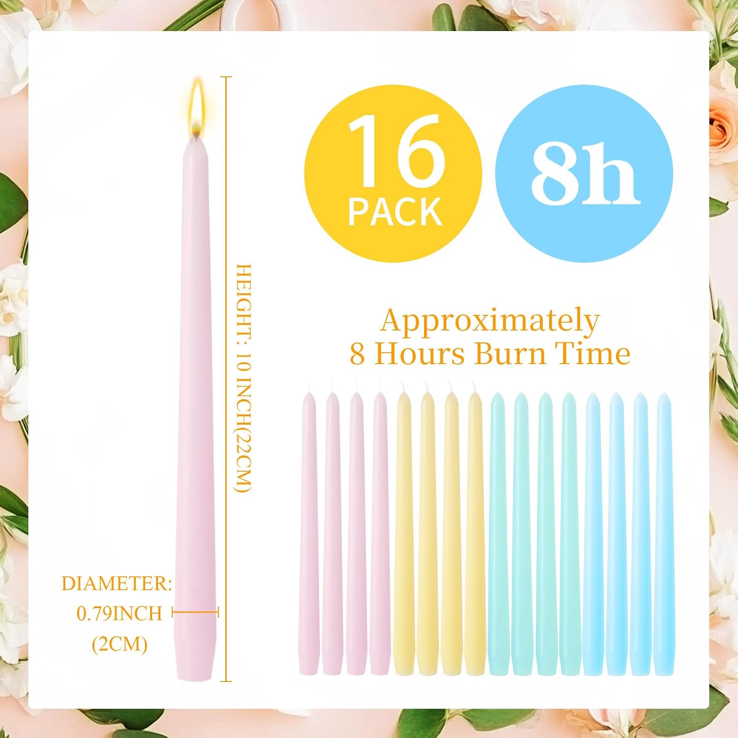 mtlee 10 inch long tapered candle stick bulk smokeless unscented burning candlestick paraffin wax with cotton wick for 4th of july dinner anniversary wedding party church(macaron color,16 pcs) macaron color 16