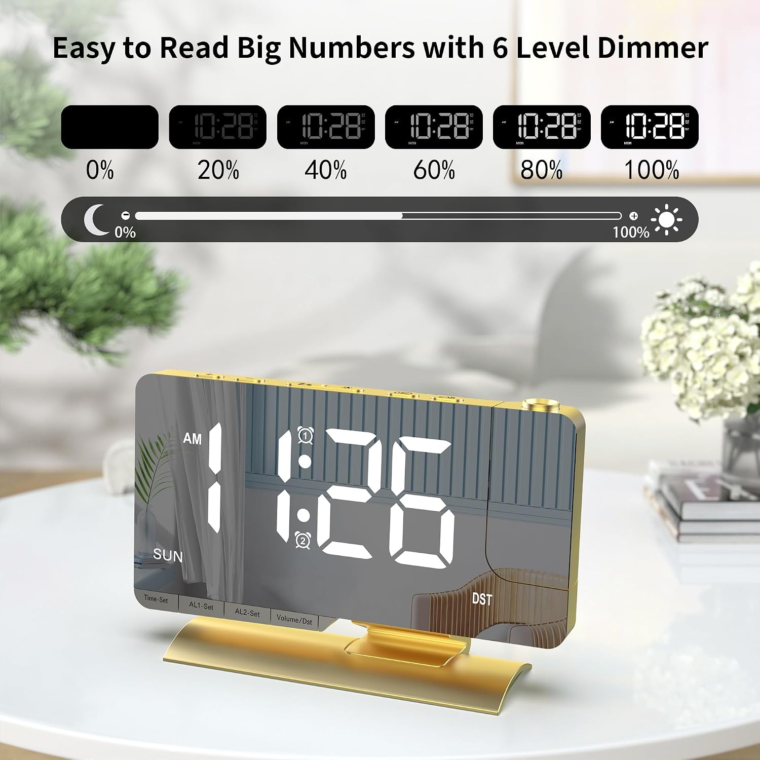 Projection Alarm Clock for Bedroom Ceiling, Gold Digital Clock Room Decor | Loud Alarm,Adjustable Brightness,7.3 inch Mirror Clock,Large LED Display, Charger Snooze DST Date 2 Alarms