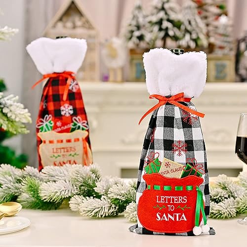 Miniatura 4 de 2 fundas para botella de vino a cuadros de búfalo navideño, suéter para botella de vino con soporte de cuello de piel sintética, bolsas para el