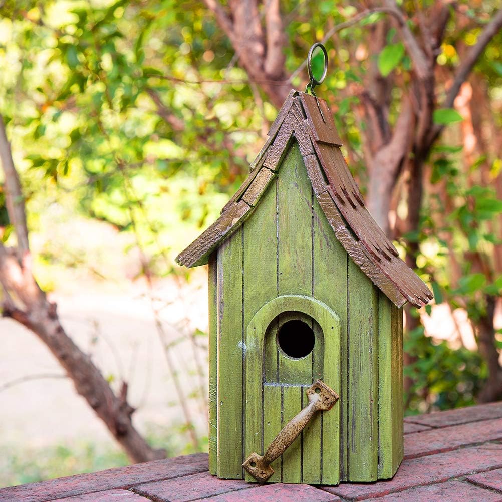 glitzhome Green Hand Painted Garden Wood Birdhouse with Single Roof Hanging Bird House for Outside : Patio, Lawn & Garden