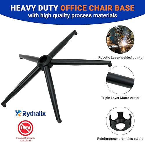 Miniatura 4 de Piezas de repuesto para sillas de oficina de 28 pulgadas, repuesto de base resistente, capacidad de 2500 libras, patas de silla de metal negro mate