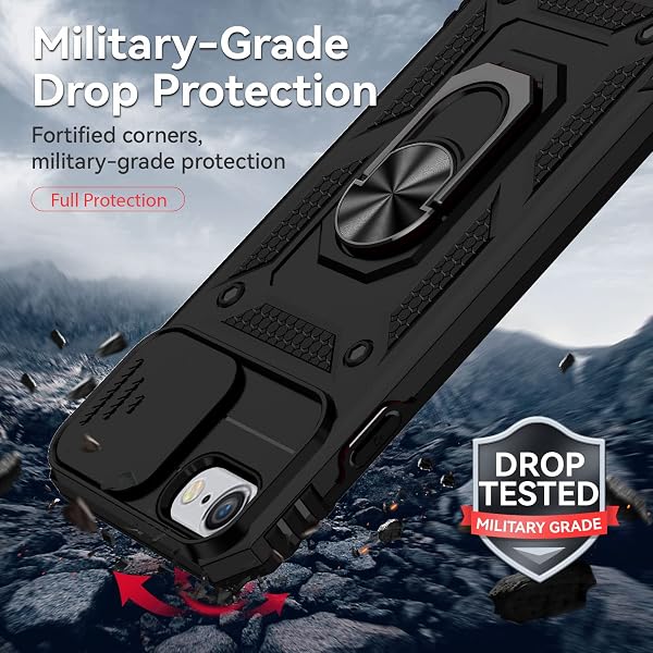 Funda para iPhone SE 2020/iPhone SE 3 2022/iPhone 8/7/iPhone 6/6S Carcasă Armor Militar Cubierta de Cámara Deslizante Proteger 360 Full Protección Anillo Soporte Silicona Estuche Cover Case,Negro - 5