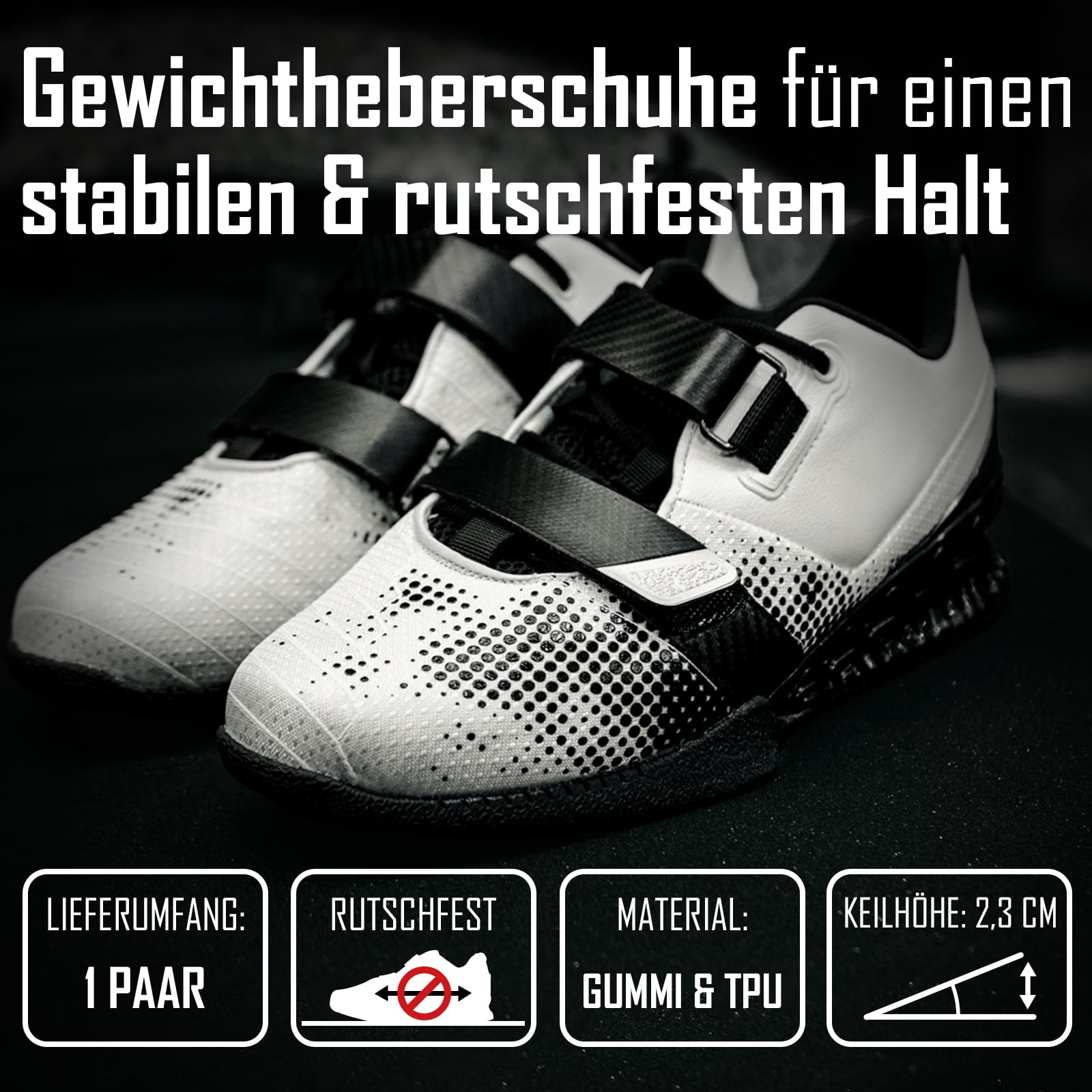 Strength Shop 1 Paar, Gewichtheberschuhe Herren & Damen mit Hartplastik-Keilabsatz (2,3cm), extrem rutschfest & stabil, Weightlifting Shoes mit starrer Gummi/TPU Sohle & Doppelverschluss