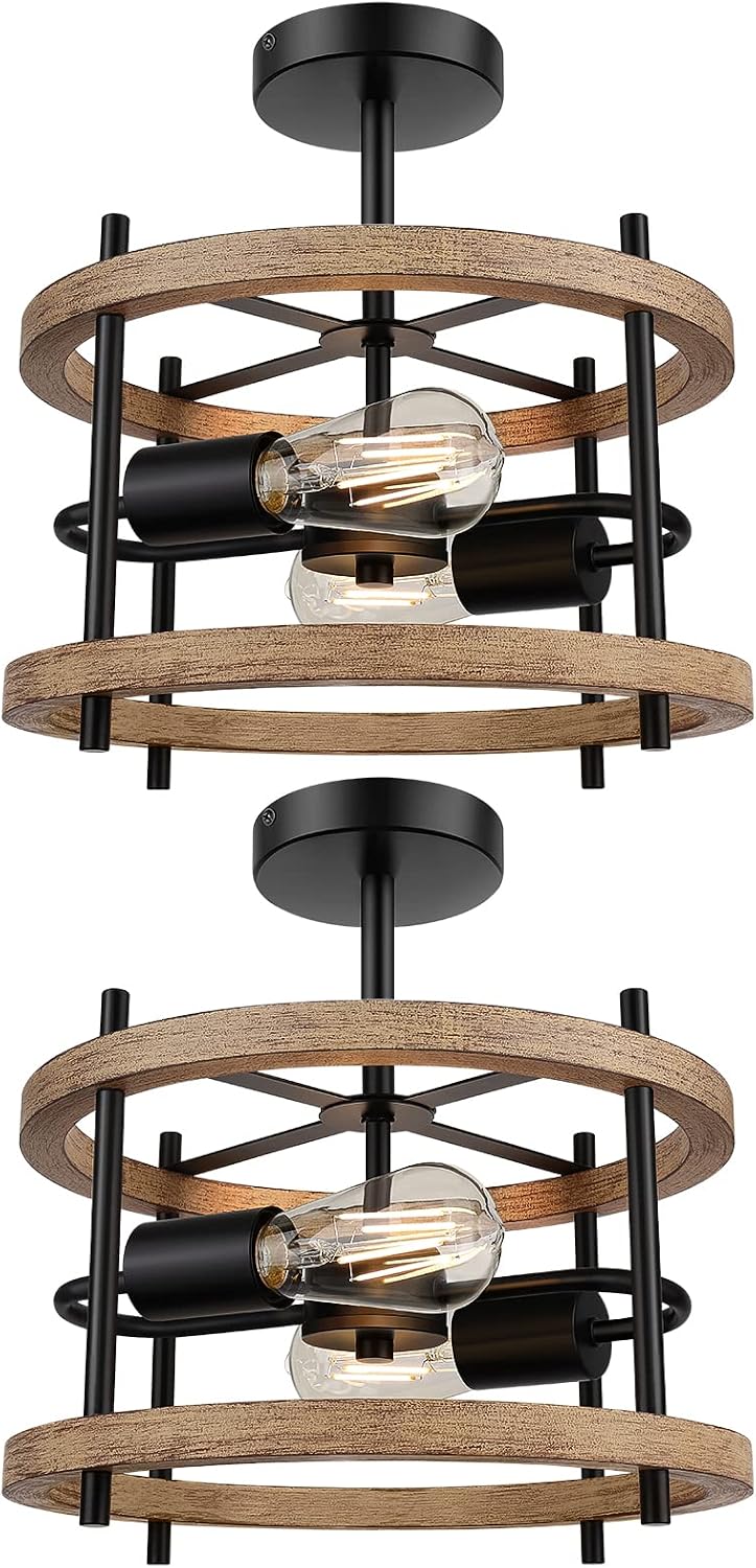 SunRider 2 Pack 2-Light Semi Flush Mount Ceiling Light Fixture, Rustic Farmhouse Washed Wood Ceiling Lights, Retro Oak Light Fixtures, Industrial Ceiling Lighting for Living Room, Bedroom