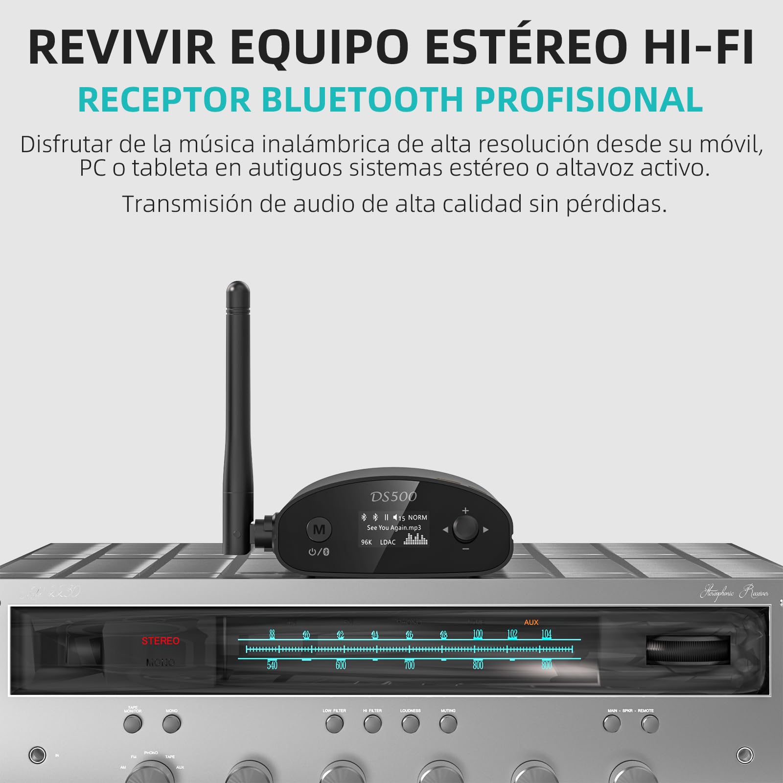 1Mii Receptor Bluetooth HiFi con LDAC, Adaptador Audio Bluetooth 5.1 con DAC Audiófilo, aptX HD y Baja Latencia, con Salida RCA/Coaxial/Óptica, Pantalla OLED para Receptor AV, Amplificador-DS500