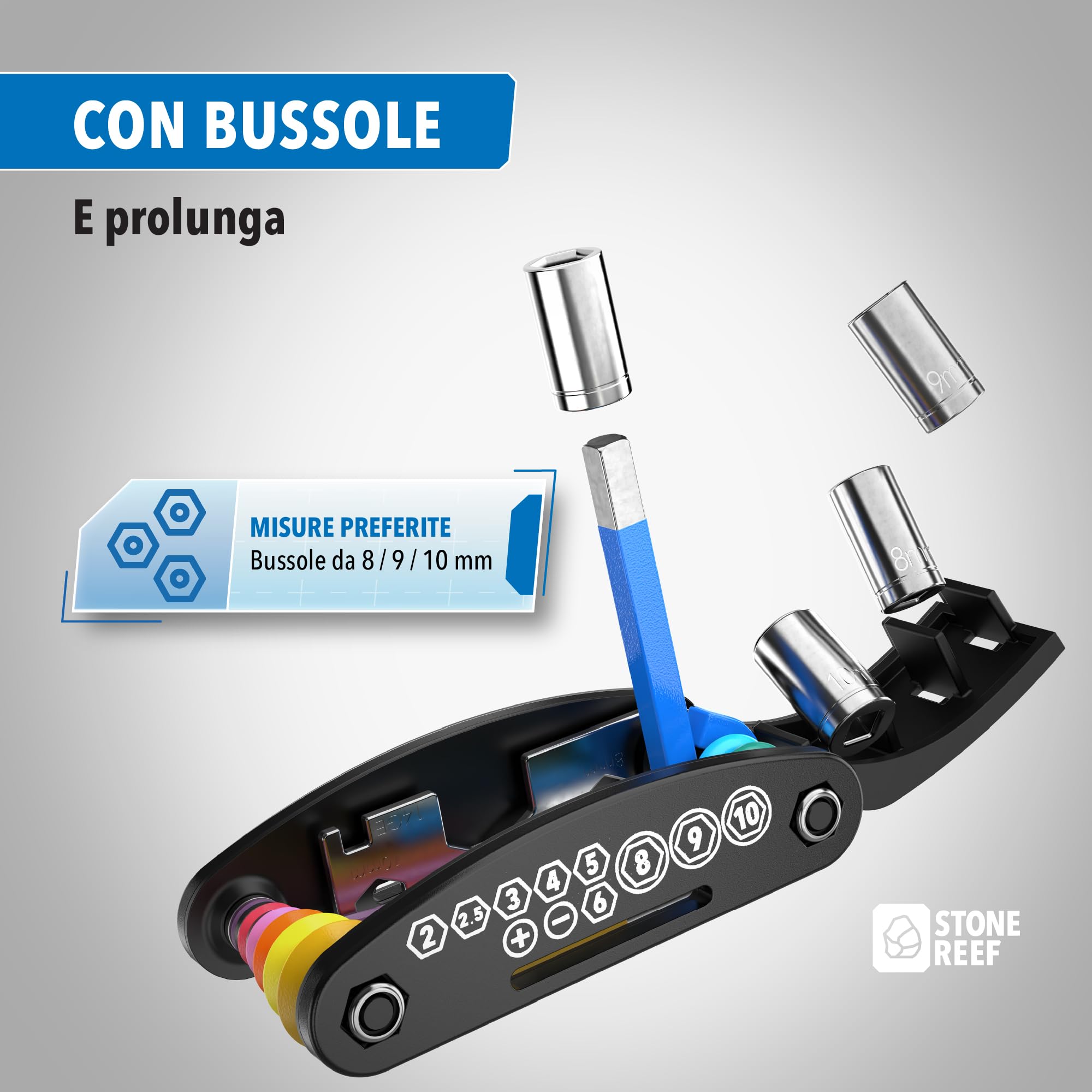16 in 1 - Utensile CRV con chiave esagonale da 2 a 6 mm, chiave a bussola 8/9/10 mm, cacciavite a croce e a taglio, chiave a bussola 8/10/15 mm, set di attrezzi per bicicletta per MTB e bici da strada
