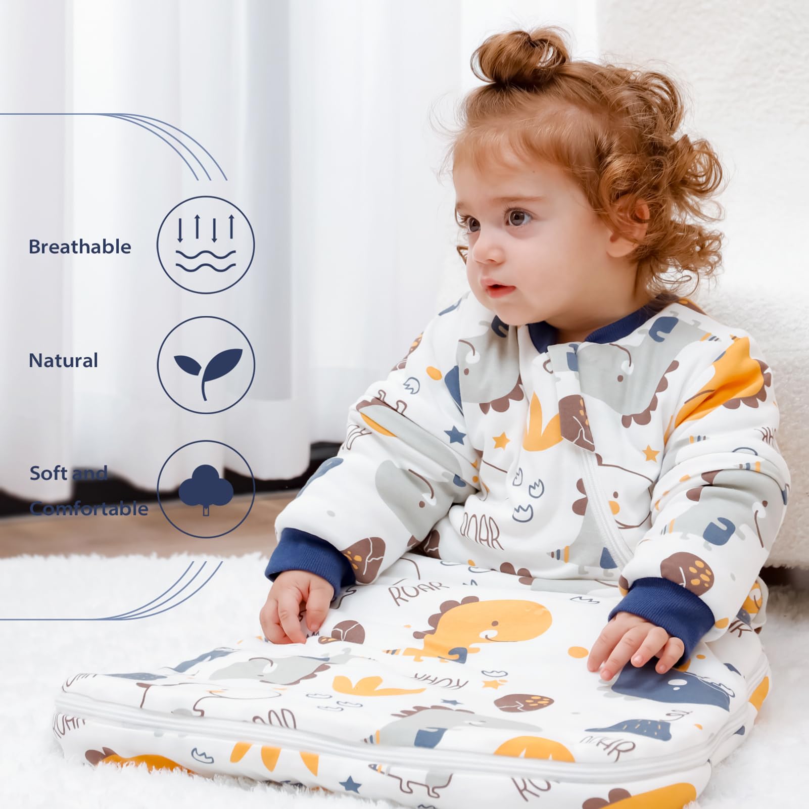 MIKAFEN Sacco nanna invernale per bambini 3,5 tog con maniche rimovibili, 100% cotone sacco a pelo con braccia,Piccoli Dinosauri 24-36 mesi