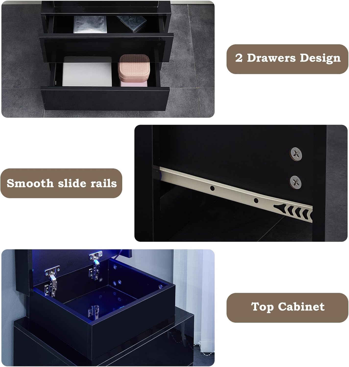 TUKAILAi Modern Nightstand with LED Light, Smart Bedside Table with 2 Drawers and Flip Top Storage Cabinet, High Gloss Side Table End Table for Bedroom (White)