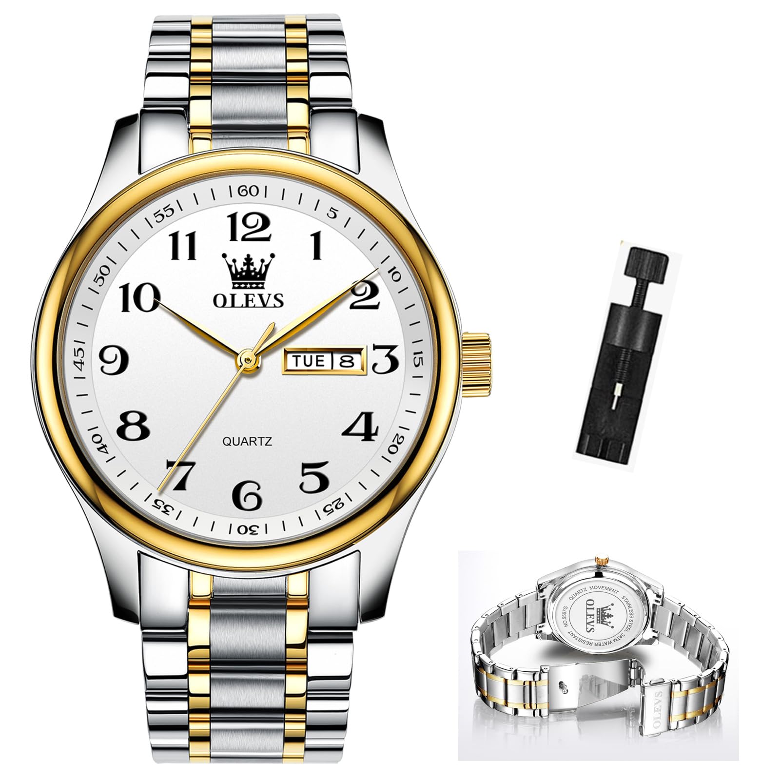 OLEVS Mens Watch Stainless Steel Analog Quartz Watches for Men Day Date Easy Read Diamond Waterproof Dress Luxury Classic Casual Big Face Blue/Black/Gold/Silver Roman Arabic Numerals Men's Wrist Watch