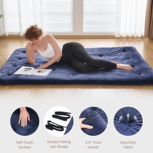 Miniatura 5 de Colchón tipo futón japonés tamaño Queen de 60 x 80 pulgadas, 2.5 pulgadas de grosor, plegable, enrollable para dormir, tapete de tatami relleno de