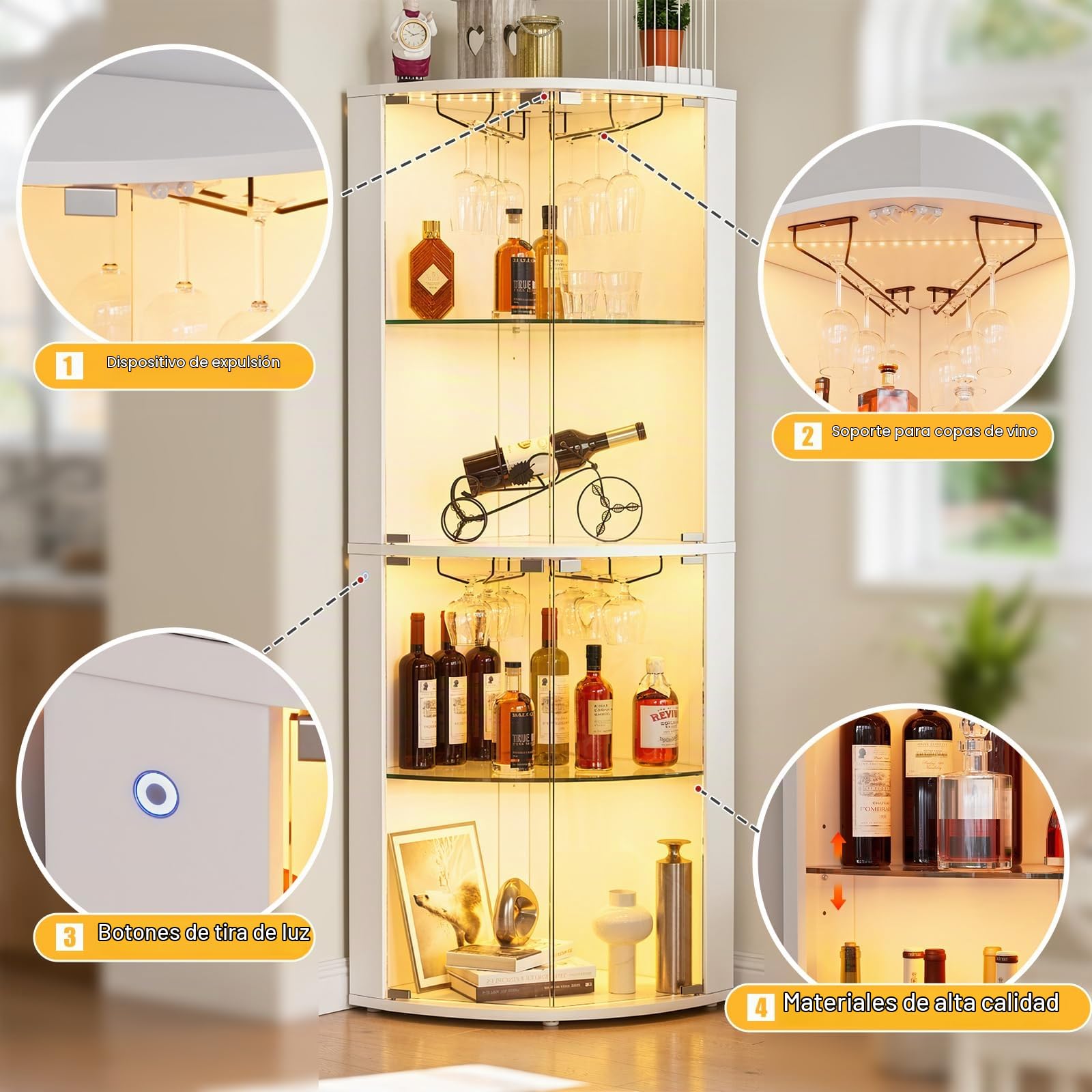 Vitrina de Cristal, Vitrina expositora, Armario de colección Moderno de 4 Capas con Puerta, Mueble Vitrina de Cristal con LED, para Dormitorio, Sala de Estar, 159 x 48 x 48 cm, Blanco