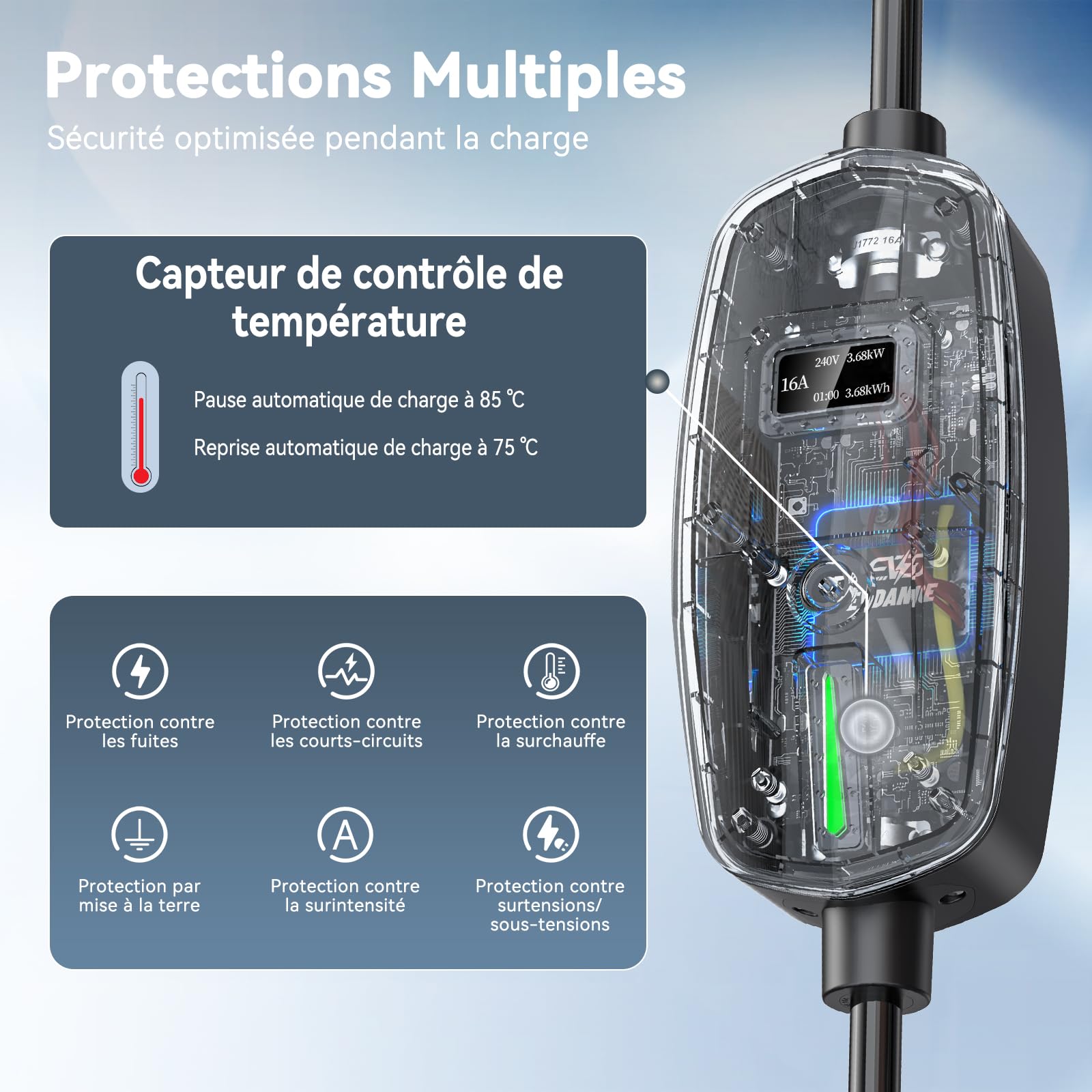 EVDANCE Chargeur Voiture Electrique (3,68 KW, 6-16A, 6,1m) avec Écran OLED | 6-16A Intensité Réglable, Câble Recharge Voiture Électrique Type 2, Étanche IP66, Sac Portable Offert, pour EV IEC 62196-2