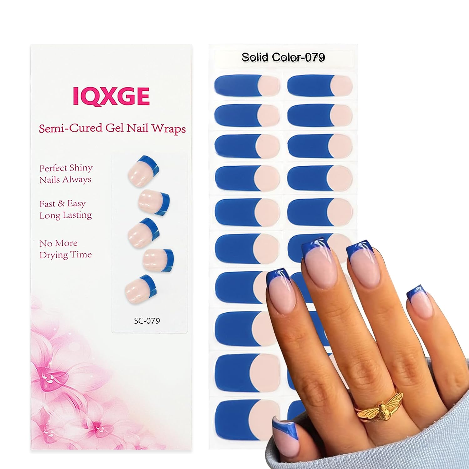 Dark Blue Semi Cured Gel Nail Strips French Tip 20Pcs Clear UV Gel Nail Stickers Glossy Nails Polish Strips UV/LED Light Needed Self Adhesive Full Polish Nails Wraps for Women