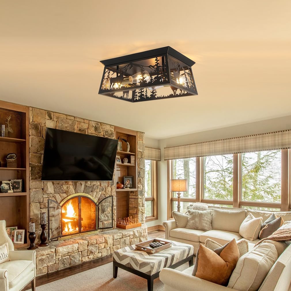 Rustic Farmhouse Ceiling Light Fixture,4-Light Flush Mount Industrial Chandelier,Black Cage Style for Hallway,Bedroom,Living Room, Entryway,Kitchen Indoor Lighting,Square Shape