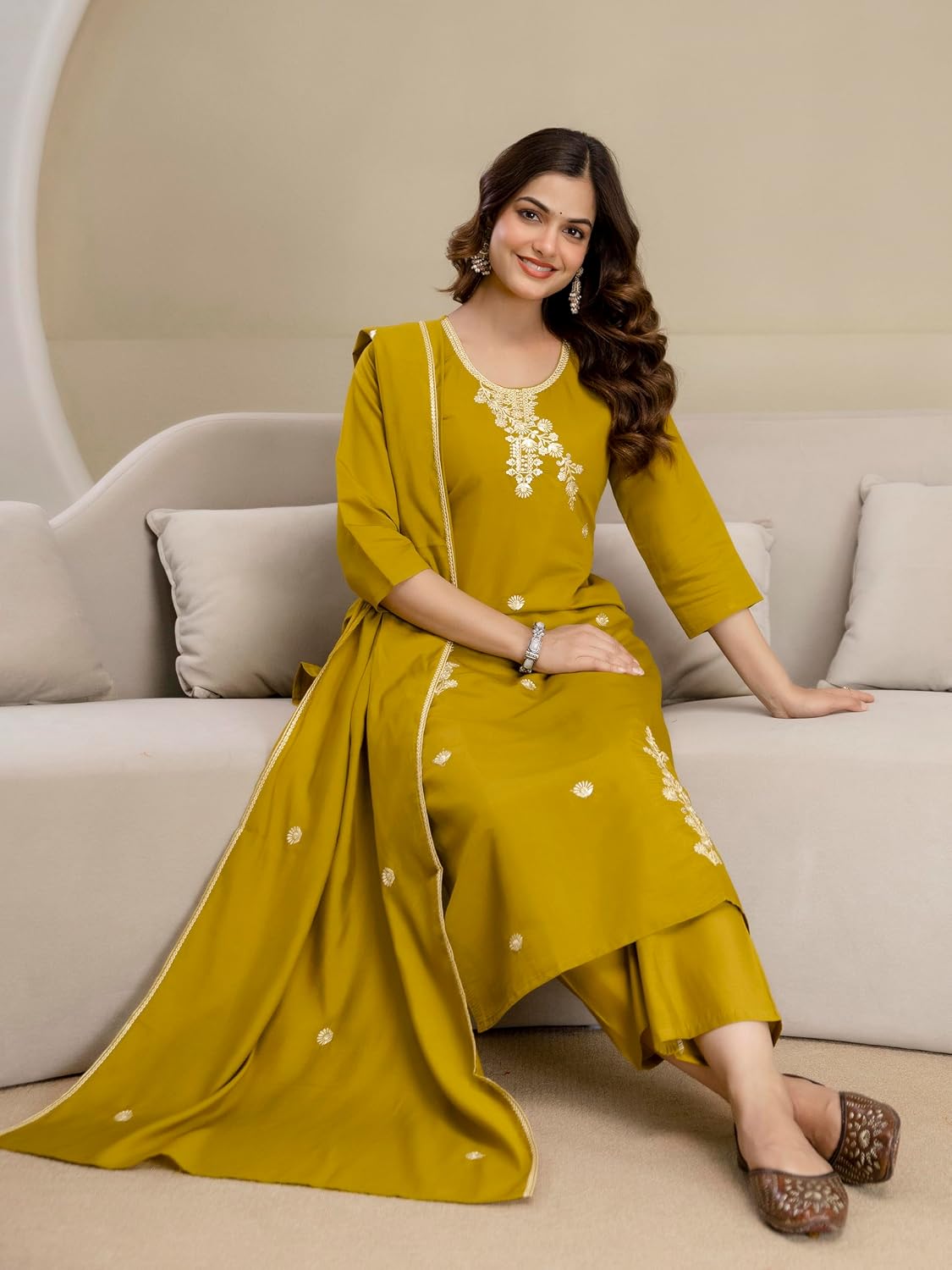 TRENDMALLS Women’s Chanderi Cotton Embroidery Sequence Work Summer Kurta Pant with Dupatta Set