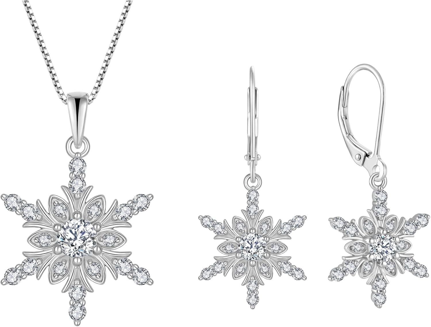 925 Sterling Silver Snowflake Jewelry Set Drop Dangle Earrings Necklace with 5A Cubic Zirconia Winter Jewelry Gift for Women