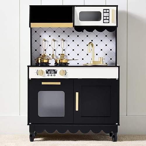 Best Choice Products Juguete de madera para niños con almacenamiento, borde festoneado, 5 accesorios, microondas, horno, perillas de clic, color