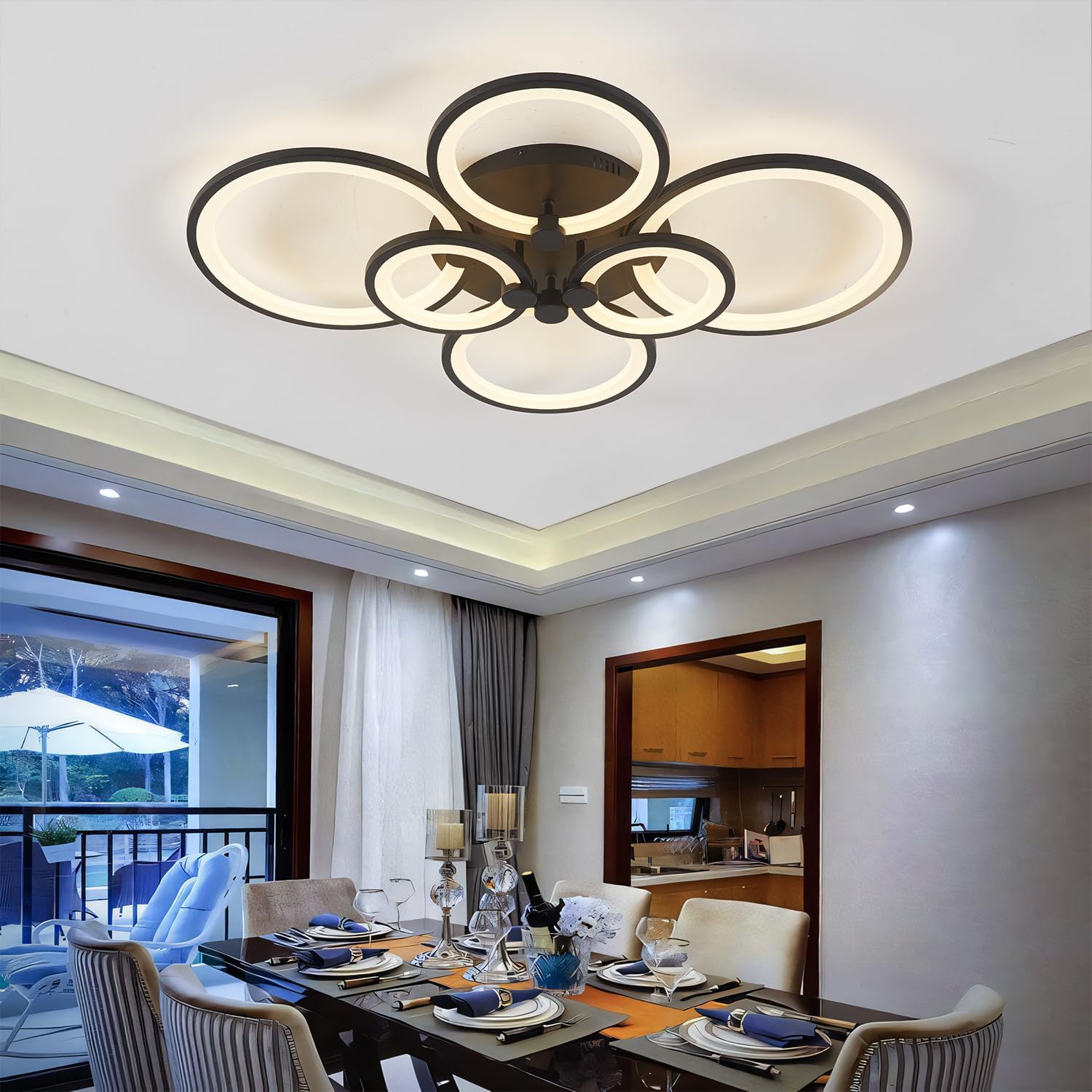 LED Ceiling Light,Dimmable Modern Ceiling Light,6 Rings Flush Mount Ceiling Lamps Acrylic Lampshade Remote Controller Black LED Chandelier for Home Office Bedroom