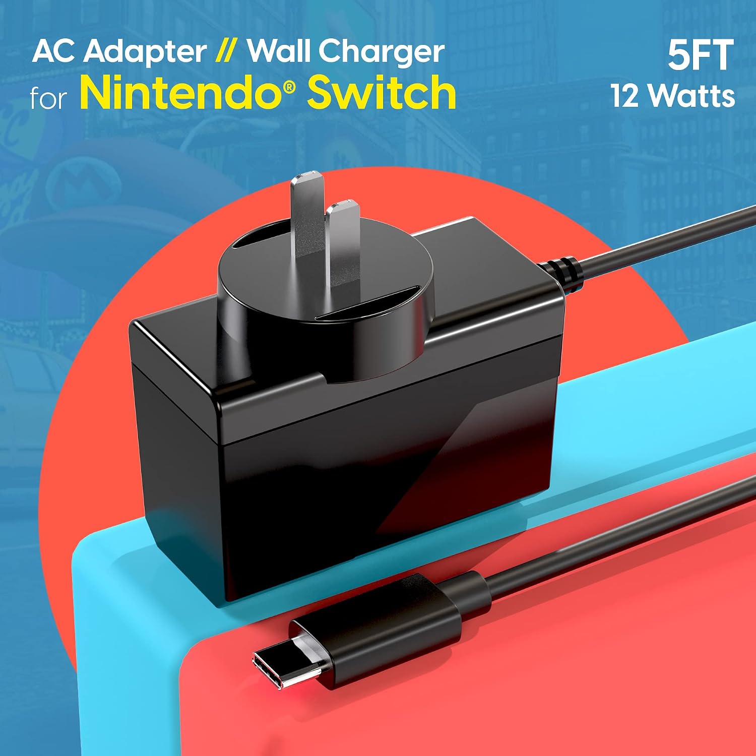 TalkWorks Nintendo Switch AC to USB-C Wall Charger - 5' Outlet Charging Cable Plug, Charge & Play For NES Gaming System Console (Black)