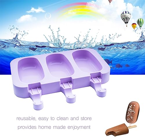 Miniatura 3 de beicemania Molde ovalado de silicona para paletas de hielo con palillos de madera para hacer paletas de hielo, color violeta