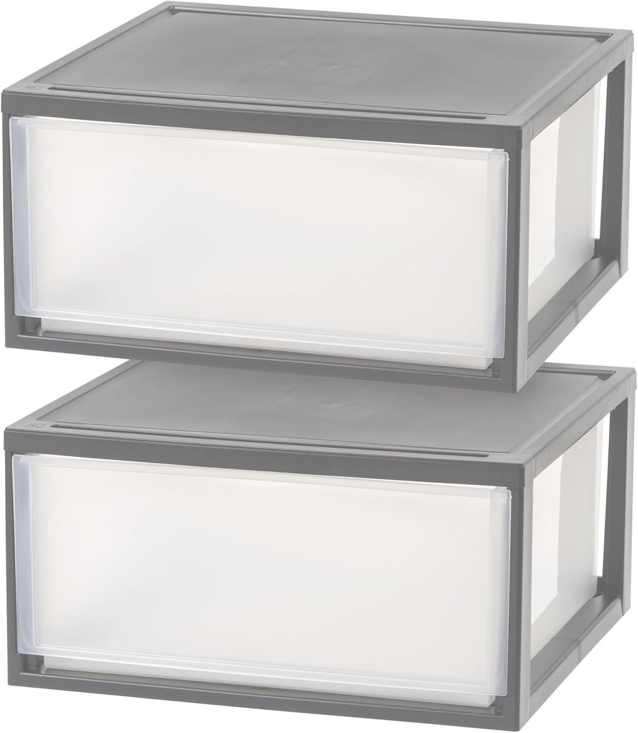 47 Qt Large Plastic Drawers Under Bed Storage Bins, 2 Pack Stackable Modular Clear Containers with Gray Frame, Closet Organization & Stackable Shelves for Bedroom Garage, Heavy Duty