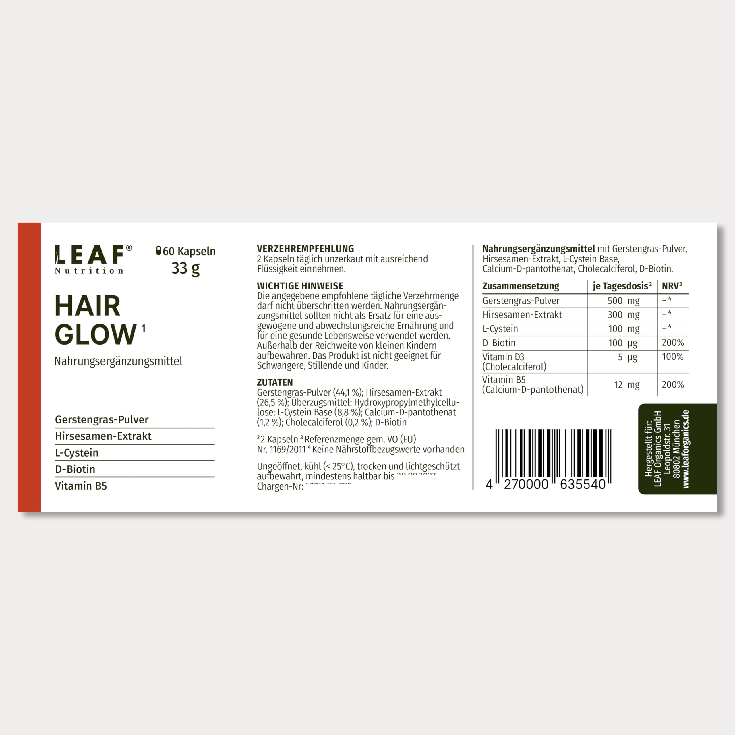 LEAF HAIR GLOW Kapseln vegane Nahrungsergänzung mit Gerstengras, Hirsesamen & L-Cystein | mit D-Biotin für die Haare | für 30 Tage (60 Stück) | nachhaltige Recycled PET-Verpackung & Made in Germany