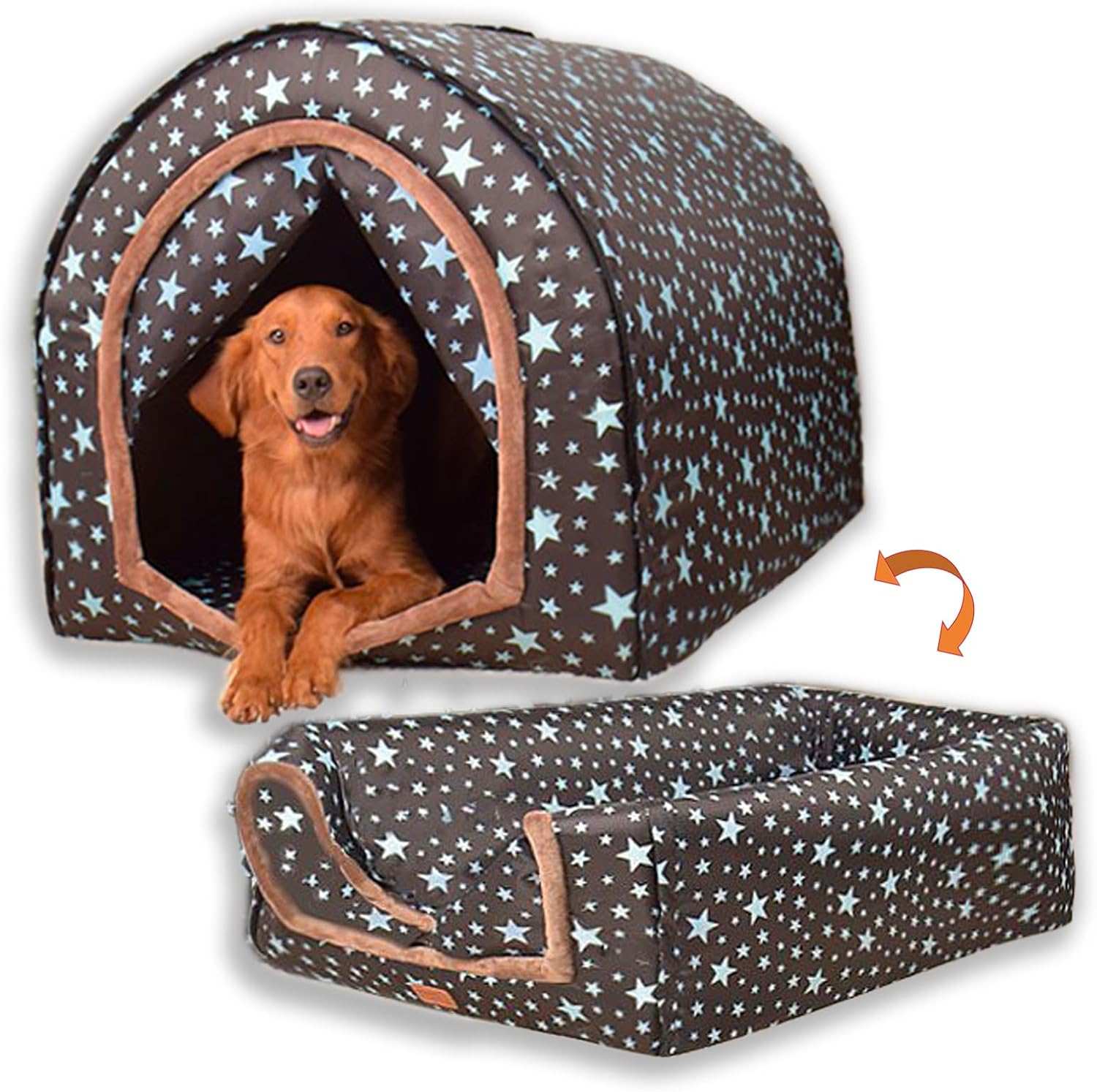 2 in 1 Extra Large Pet Winter House Convertible to Bed with Warm Cushion Mat, 2 Way Indoor Outdoor Portable Dog Kennel, Removable Washable Cover (2XL Starry Sky) Starry Sky 2X-Large-for up to 80lb