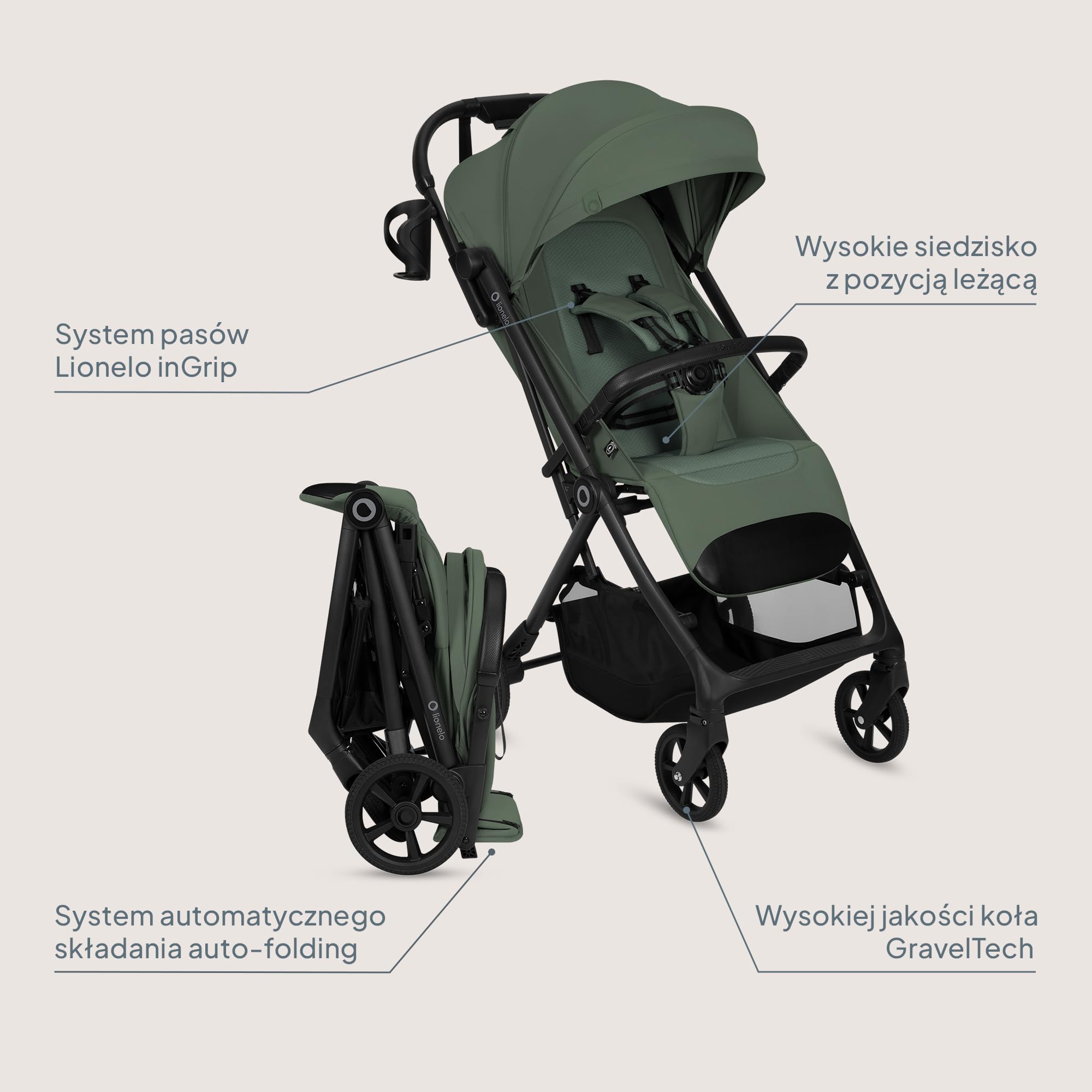 Lionelo Tansi wózek podróżny do 22 kg, 6 miesięcy – 4 lata, kompaktowy, składany jedną ręką, kółka GravelTech, pozycja leżenia 92 cm, osłona z ochroną UPF50+, wodoszczelny, kosz do 3 kg