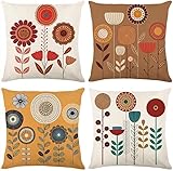 Hopomoon Vintage Floral Throw Pillow Covers 18x18 Inch Set of 4,Retro Mid Century Modern Burnt Orange Mustard Yellow Linen Decorative Cushion Cases for Couch Sofa Living Room Bedroom