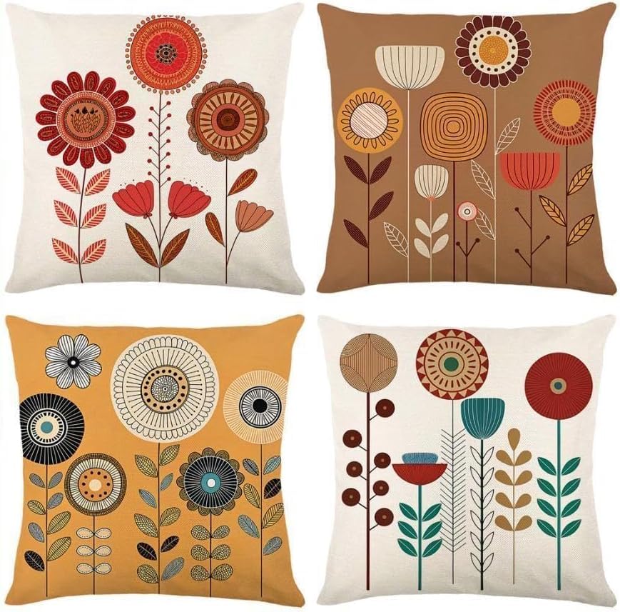 Hopomoon Vintage Floral Cushion Covers 40 x 40 cm Set of 4,Retro Mid Century Modern Throw Pillow Cases, Linen Decorative Scandi Flower Pillowcases for Sofa Living Room Bedroom
