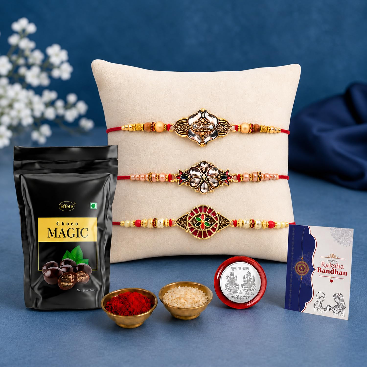 Oblivion Set of 3 Rakhi for Brother with Choco Magic Chocolate 40gm, Round, Stone & Flower Designs, Pooja Coin, Roli Chawal & Card | Rakhi with Chocolate Combo for Raksha Bandhan