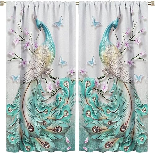 Miniatura 32 de Cortina opaca con estampado de pavo real, con estampado de animales retro, con bolsillo para cortinero y flores de peonía doradas, para dormitorio,