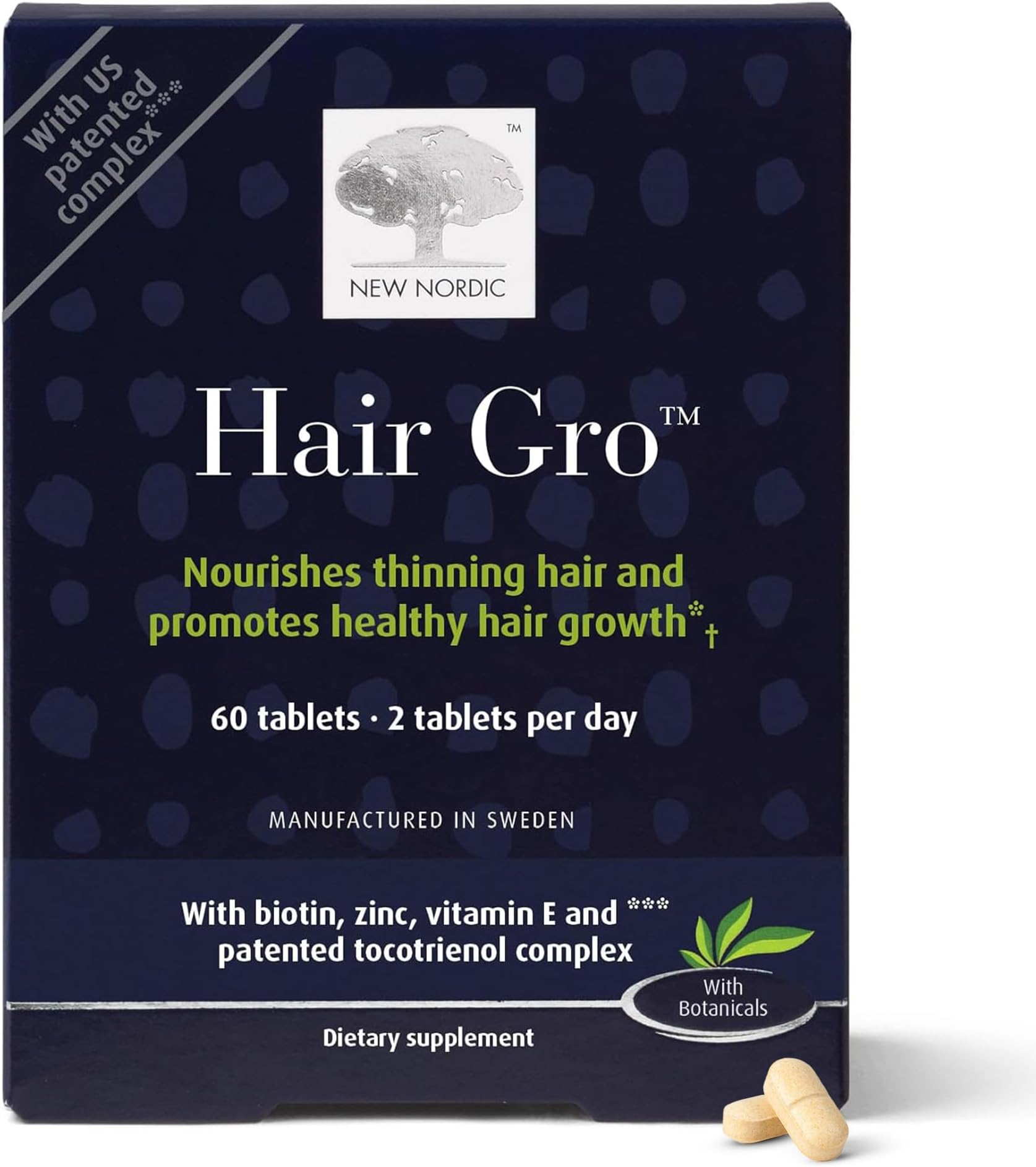 New Nordic Hair Gro for Hair Growth Tocotrienols and Naturally Sourced Patented Ingredients, 60 coated Tablets