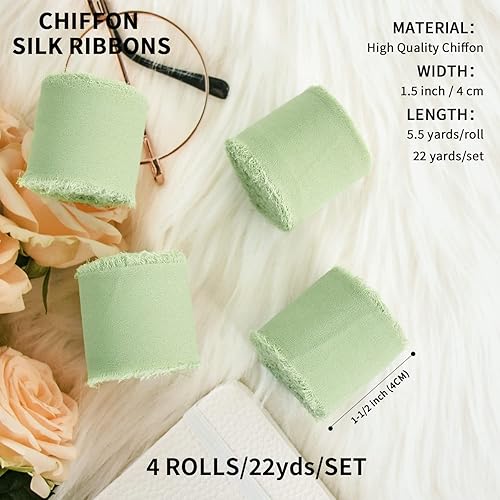 Miniatura 2 de TONIFUL - 4 rollos de cinta de gasa hecha a mano con flecos, tacto como la seda, de chifón, de 1-12 pulgadas de ancho x 22 yardas de largo, color