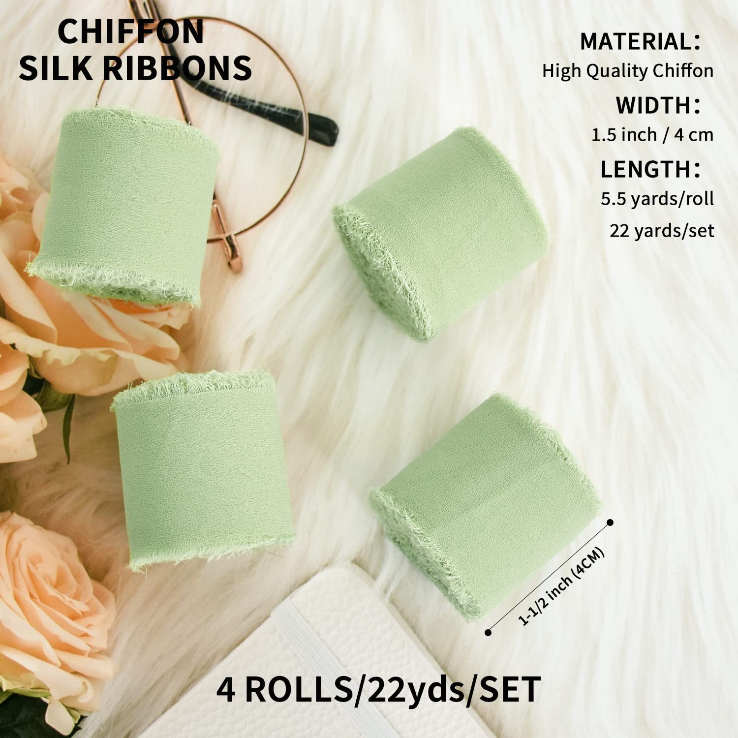 TONIFUL 4 Rolls 1-1/2 Inch Sage Green Lime Green Chiffon Silk Ribbon 22yds Handmade Fringe Chiffon Ribbons Set for Wedding Invitations Bridal Bouquets - Image 2