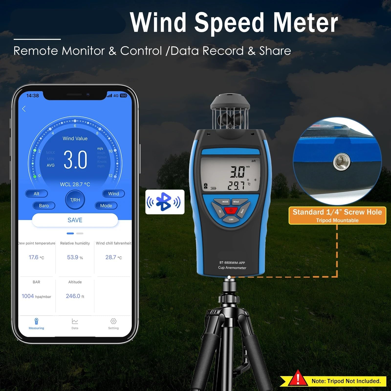 Anemómetro, Anemómetro digital de 0,3 a 42 m/s, velocidad del viento, volumen aire promedio HVAC, altitud en CFM, presión barométrica