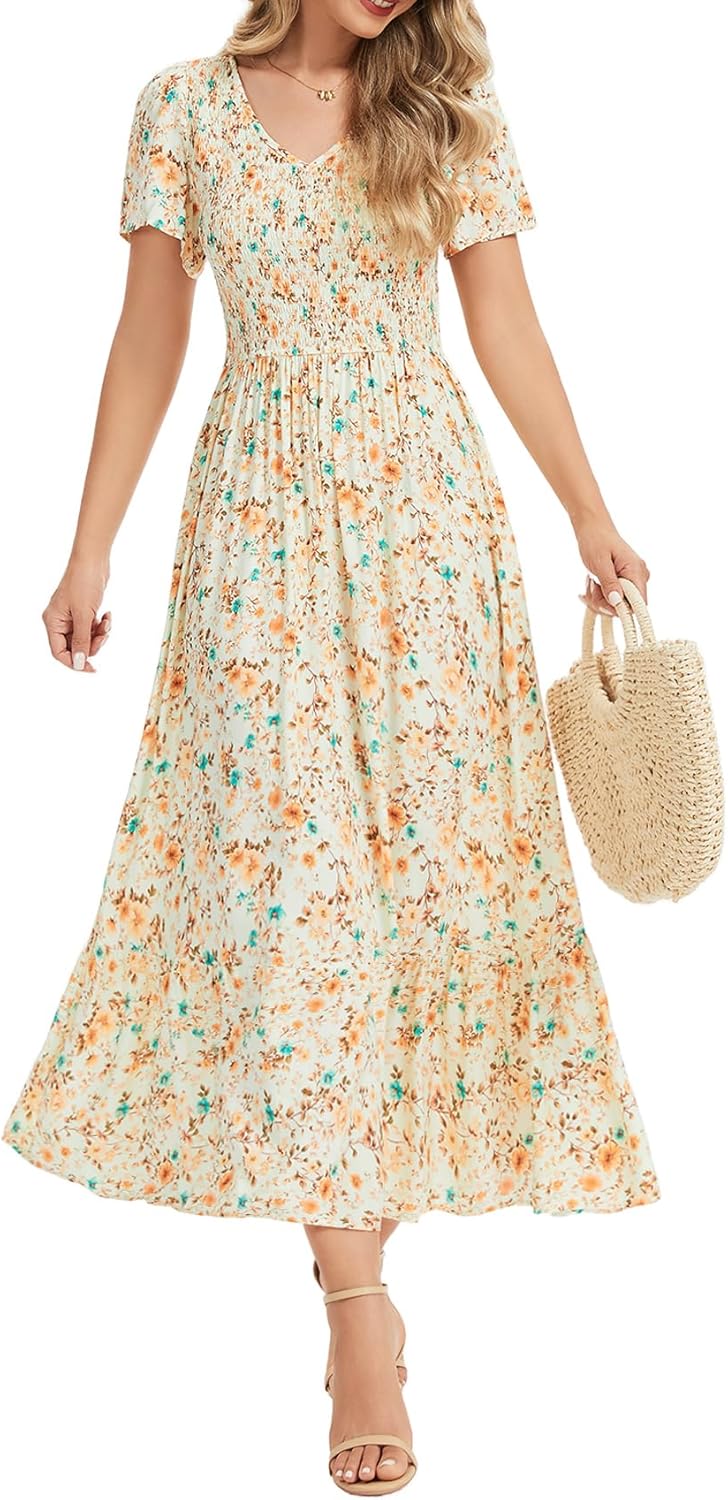 Vogebund Women's Summer V Neck Flowy Maxi Dress Casual Short Sleeve V Neck Smocked Beach Boho Dresses with Pockets - Image 2