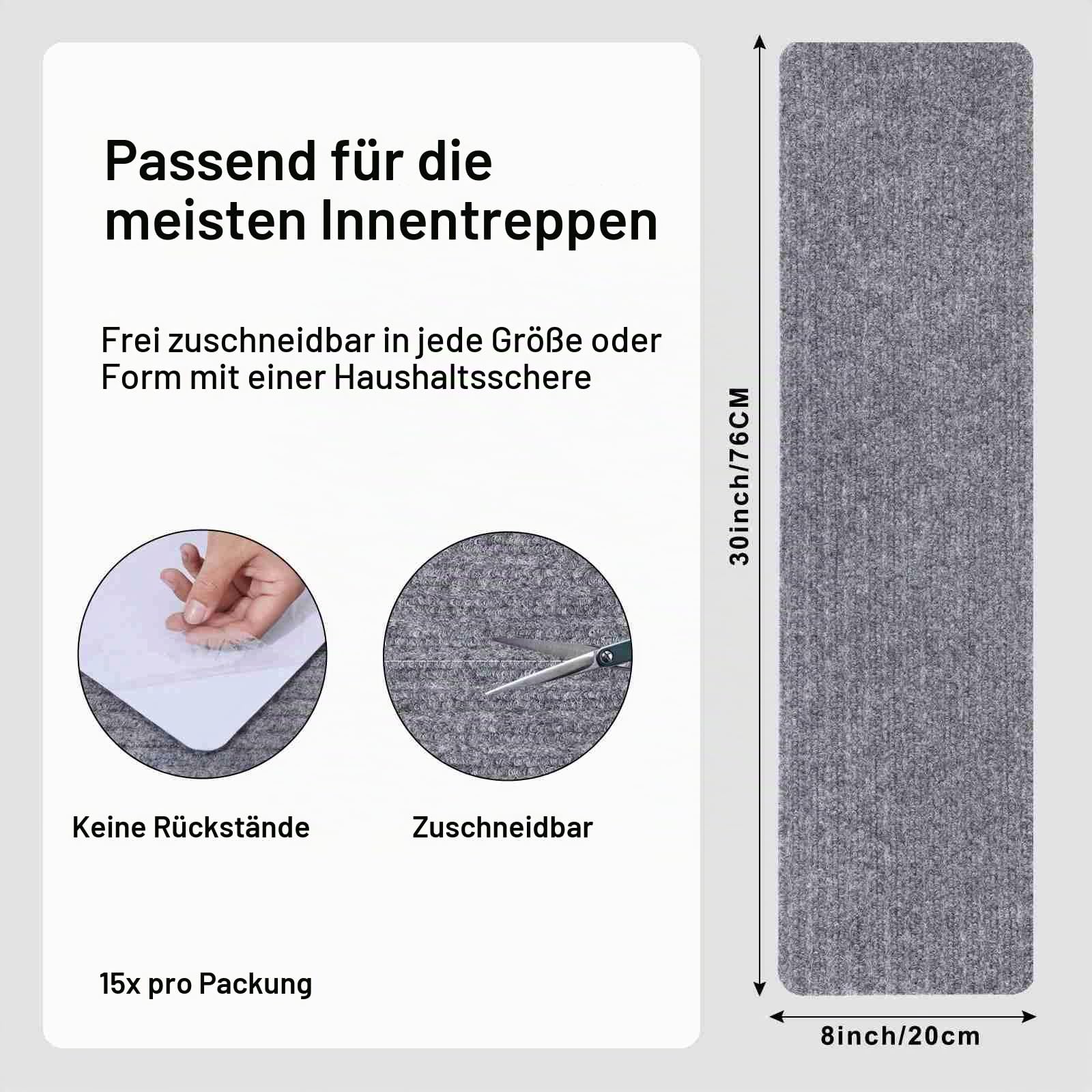 Arthome Teppich Treppenstufen Anti Rutsch Treppenteppich Teppiche 15 packen 20x76cm für Holztreppen,Sicherheitslaufmatte für Senioren und Kinder,rückstandsfrei Selbstklebende Treppenstufen(Grau)