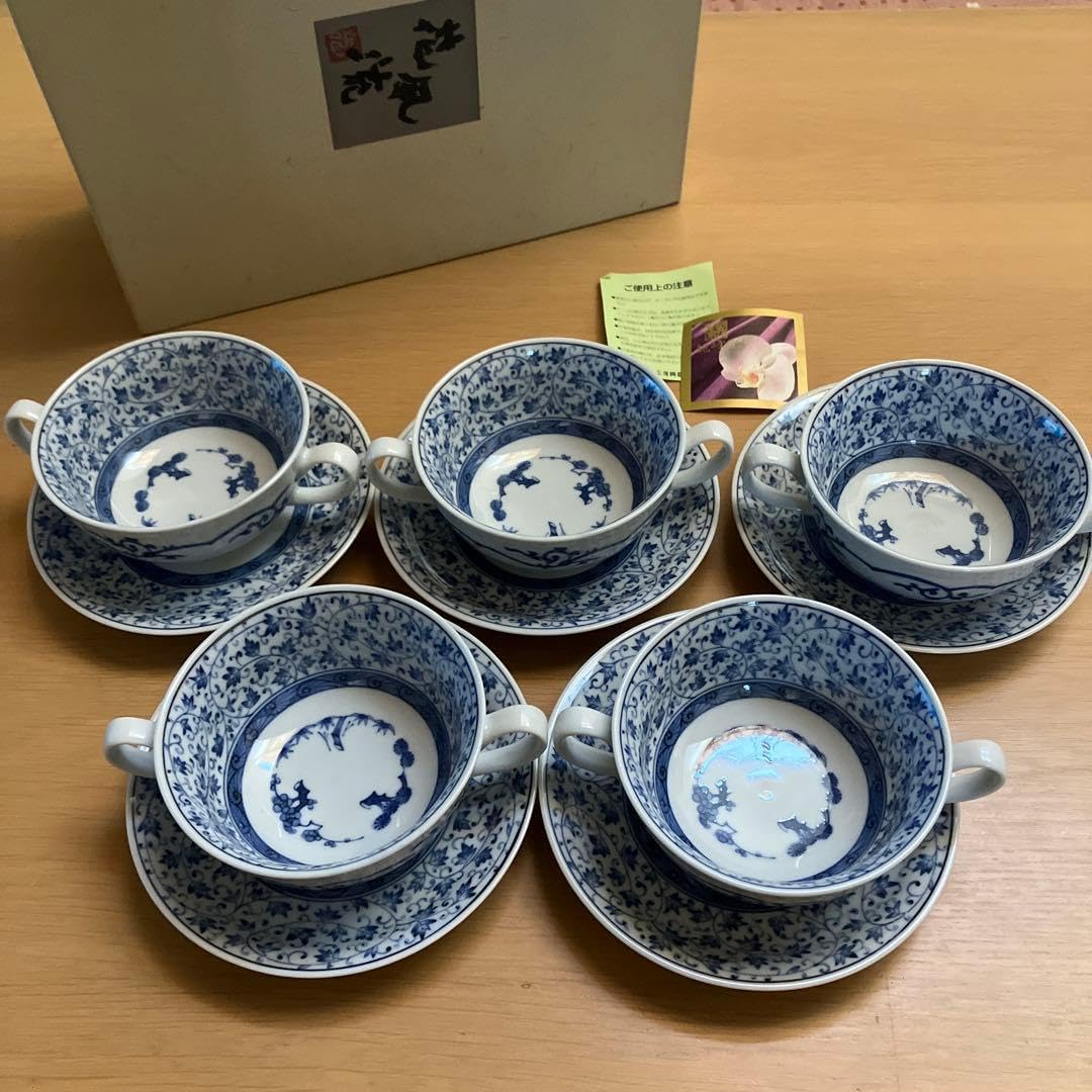 スープカップセット　5個　ソーサー付き　取手付き　龍峰窯　唐草　松竹梅 Amazon.co.jp: 古伊万里 唐草 龍峰窯 スープ皿 スープセット スープ